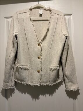Joie Cream Bouclé Frayed-Trim V-Neck Blazer